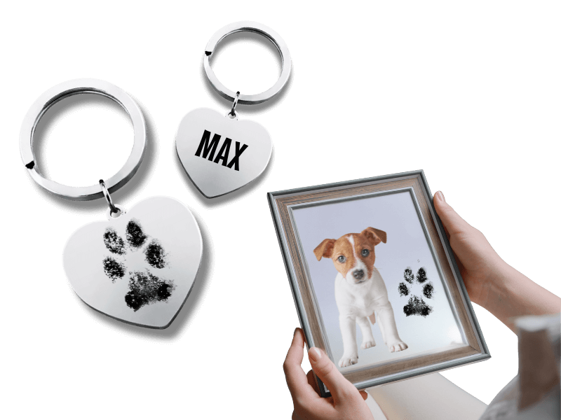 personalisierter haustier gedenkschlüsselanhänger mit gravierter pfote und hundename max im silbernen herz